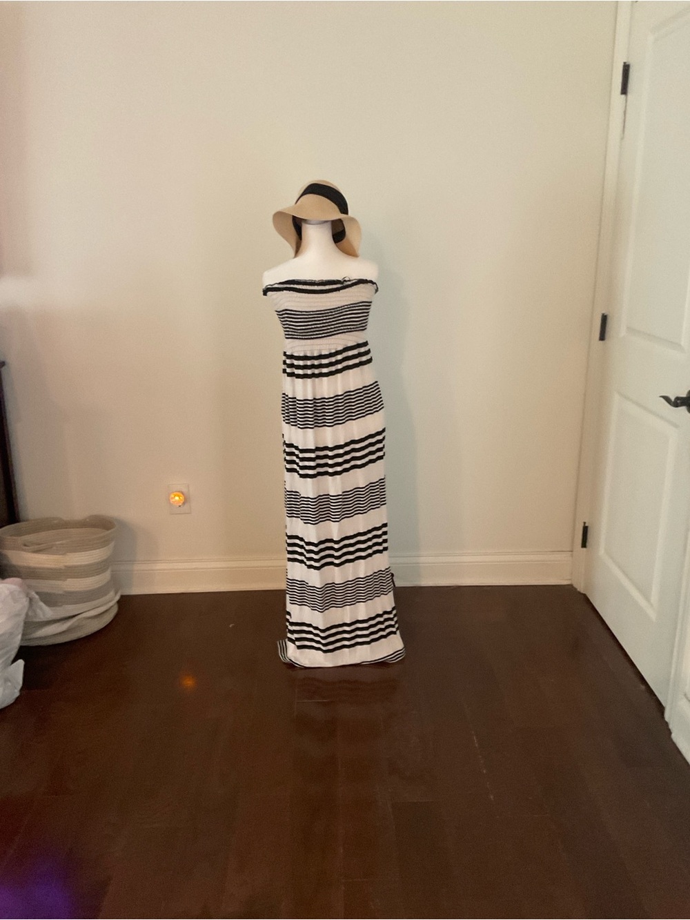 Strapless Black & White Stripe Maxi Dress
